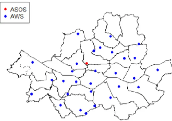 Figure 3.1 The location of rain gauge stations 1분 다 ᆫᄋ ᅱ로 과 ᆫ츠 ᆨ된 ᄌ ᅡᄅ ᅭ르 ᆯ 10분 다 ᆫᄋ ᅱᄅ ᅩ ᄂ ᅮ저 ᆨᄒ ᅡᄋ ᅧ ᄉ ᅡ용 ᄒ ᅡ여 ᆻᄃ ᅡ