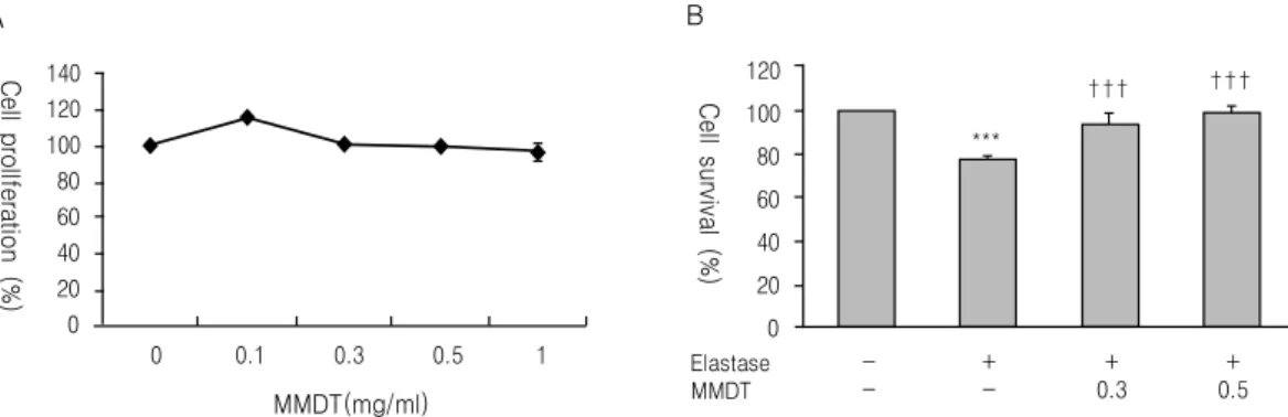 Fig. 1. Effect  of  MMDT  on  proliferation  of  A549  cell.  (A)  A549  cells  were  harvested  for  MTT  assay  after  treatment  with  various  concentrations  of  MMDT