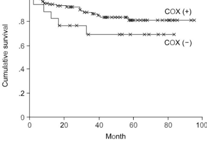 Fig.  2.  Kaplan-Moler  disease-free  survival  curves  of  patients  with  and  without  COX-2  expression