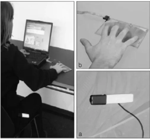 Fig. 4. Examples  of  custom  made  devices:  vibration  device  (a)  and  resistance  based  touch  pad  (b)