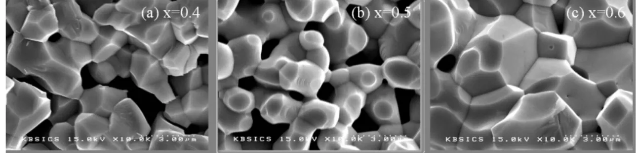 Fig. 1. SEM images of the (a) Gd(Ni 0.40 ,Ti 0.60 )O 3 , (b) Gd(Ni 0.50 ,Ti 0.50 )O 3 , and (c) Gd(Ni 0.60 ,Ti 0.40 )O 3 ceramics.