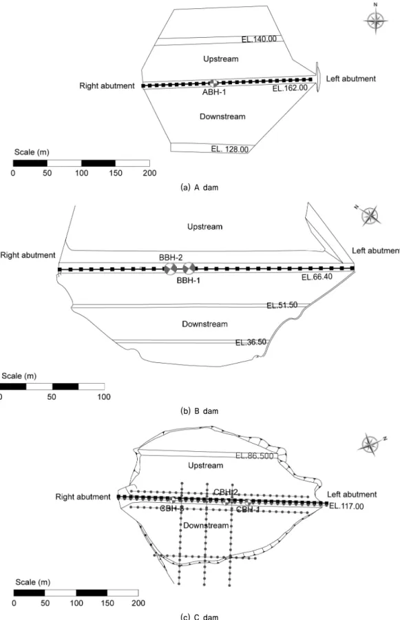 Fig. 2. Map view of the three dams. All of the maps are viewed toward the upstream direction for downstrem