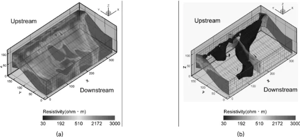 Fig. 4. Results of 3D electrical resistivity survey for C dam. (a) color coding of blocks to represent the values for resistivity