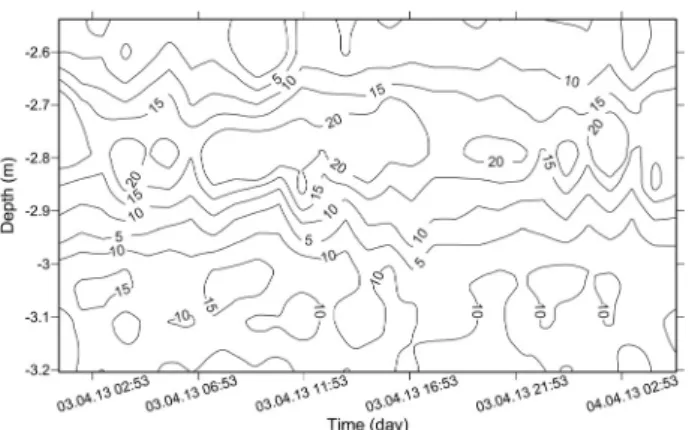 Fig. 4. Contour of seepage velocity estimated from temperature  profile [10 -5  cm/s]