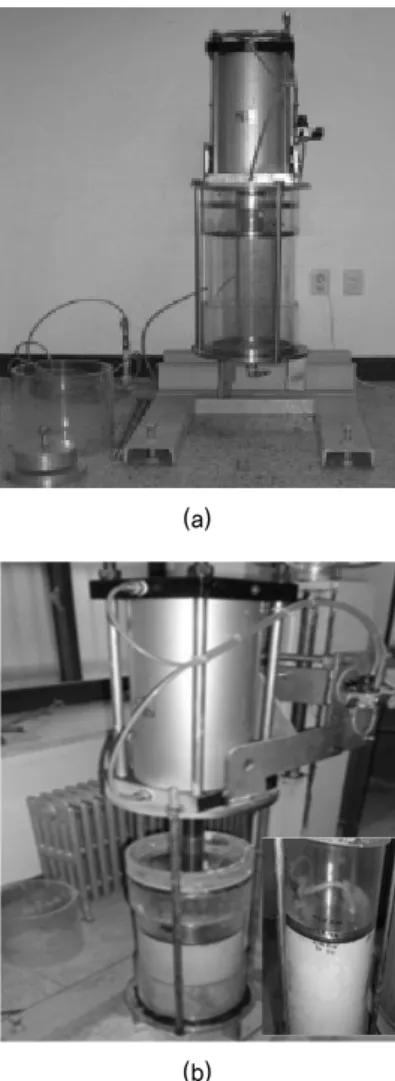 Fig. 5. Large scale oedometer for manufacturing artificial soil  sample: (a) Large scale oedometer; (b) Consolidation  phase