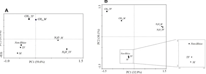Fig. 2. Principal component analysis of the bacterial community structures at the phylum (A) and genus (B) levels