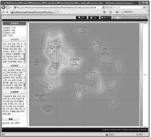 Fig. 7. Contour Map Screen 을 보조한다.  ‘성숙분야’,  ‘성장분야’,  ‘도입분야’  버 튼을 클릭하면 각 분야에 속하는 논문을 분석하여 연도,  분야,  저자,  기관,  저널 항목을 분석한 개괄분 석 결과를 확인할 수 있다