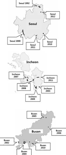 Fig. 1. Borehole locations in the selected sites (Song et al., 2011). 현재 한국건설기술연구원의 경우 지반정보 DB  구축과 함께 2007년부터 “지반조사 성과 전산화 및 활용에 관한 지침”이 제정되어 국토지반정보 유통체계가 운영되고 있으며,  국토지반정보 통합DB센터에 따르면 2014년 6월 기준 약 18만공에 대한 시추정보 DB가 구축되어 지반정보를 보급 및 활용할 수 있도록 하고 있다