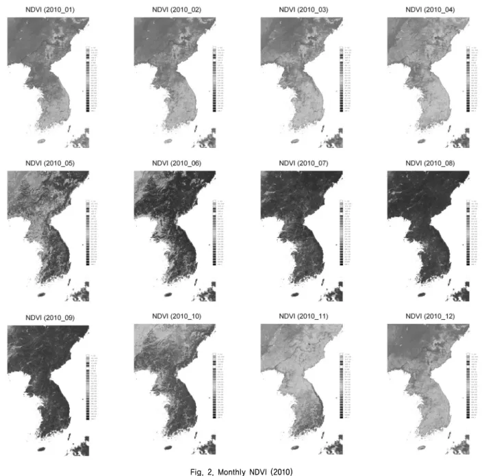 Fig. 2. Monthly NDVI (2010)낙동강유역의  강우량,  평균기온,  상대습도  및  일조시간에 대한 기상특성을 Fig. 1에 표시하였다