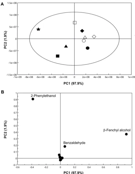 Fig. 2. Principle component analysis of volatile compounds in pine mushroom liquor with different content of pine tree chip (PTC) and aging time