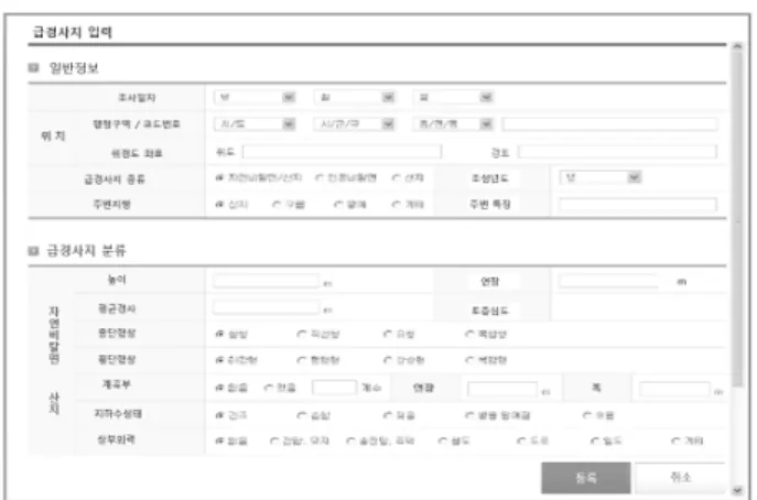 Fig. 10. Steep slope search/analysis module execution screen  based on V-world background map