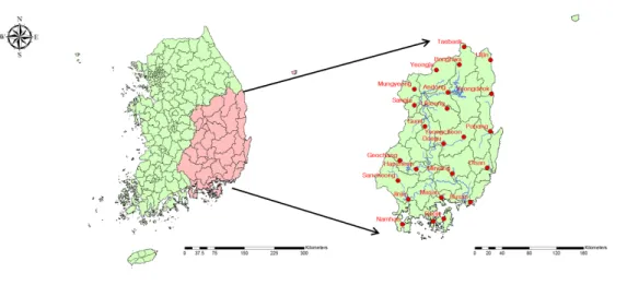 Figure 2.1 The map for the 24 observation sites in the nak-dong river basin