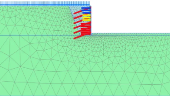 Fig. 7. Case 2: Modeling of the rehabilitation method by  reconstruction of GRS wall with backfill excavation