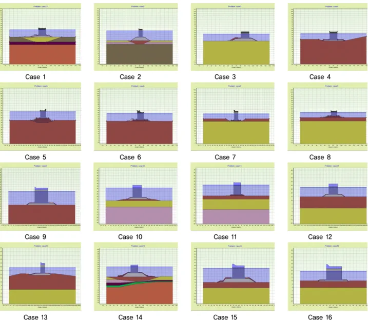 Fig. 3. Geometries and the most critical slip surfaces of open cell caisson breakwaters for stability analyses against circular  failure for Cases 1~16