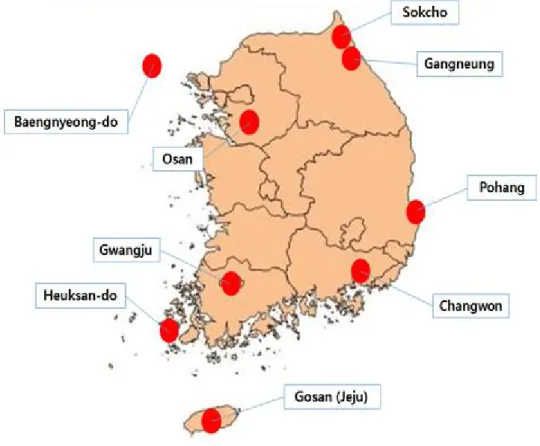 Figure 3.1 Locations of the air environment data measurement in South Korea