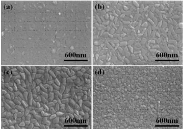 Fig. 3. SEM image of surface morphology of Y 1−x Ca x MnO 3 thin films for (a) x = 0, (b) x = 0.1, (c) x = 0.2, (d) x = 0.3