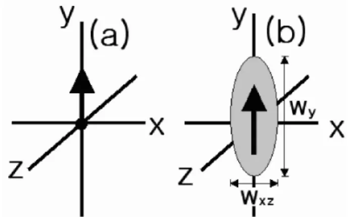 Fig. 1. Spatial coordinates and distribution of body force: (a) point source and (b) spheroidal source.