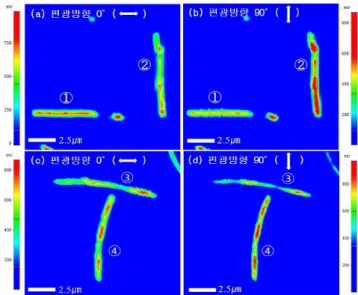 Fig. 2. Laser confocal PL images of P3MT-Au nanowires with two direct directions of input polarization