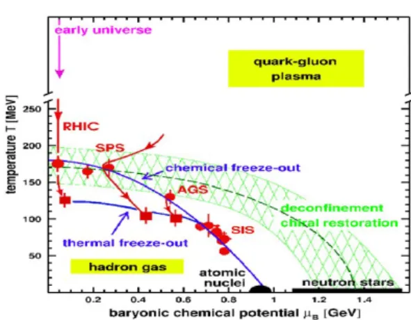 Fig. 1. Sketch of the QCD phase diagram, temperature T vs. the chemical potential µ B associated with net baryon density ρ B [5].