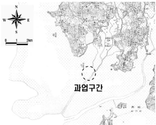 그림 1. 1910년대 송도지역(과업구간) 지형 현황 그림 2. 1960년대 송도지역(과업구간) 지형 현황풍화대 상부의 퇴적층내 각각의 지층두께는 전반적으로 변화폭이 매우 큰 것으로 나타나고 있으며 이는 송도지역 1, 3공구에서 수행된 지반조사 결과분석 자료에서도 알 수 있다(김동휘 등, 2009)