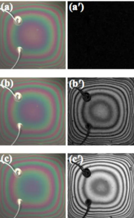 Fig. 3. Surface photographs and color-difference images of porous silicon exposed to ethanol vapor that is  gener-ated by nitrogen carrier gas flows of (a) 0 sccm, (b) 150 sccm, and (c) 300 sccm