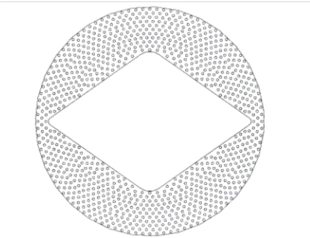 Fig.  2  Geometry  of  a  perforated  plate서 선박 및 발전소 등에 널리 사용되지만, 밸브 개폐시 좁은 개도(opening angle)에 의한 밸브 전후의 유속 변화 및 압력 강하(pressure drop)가 크게 나타남에 따라 밸브 주변 및 후류 쪽에 공동현상이 발생할 수 있다.(4)본 연구에서는 직경이  mm인 버터플라이밸브에 대하여, 상대적으로 좁은 개도에서의 밸브 주변 및 후류에 발생할 수 있는 공동현상