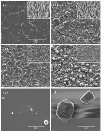 Fig. 1. Plane-view SEM images of GaN epi-layers grown for 5 min with nanoneedle buffer ((a) and (b)), nanorod buffer ((c) and (d)), and AlN buffer (e) on Si(111)  sub-strates and an Al 2 O 3 substrate without buffer layer (f).