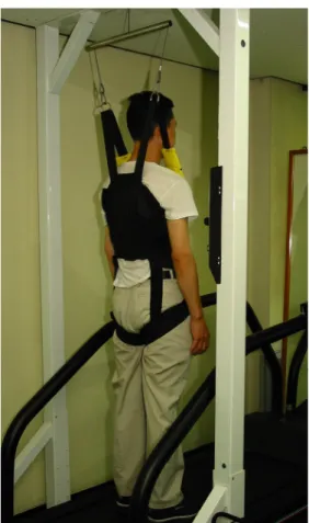 Fig. 1. Body weight support treadmill training. 운동  시간 설정에 따라 운동을 실시하되 트레드밀 위에 설치된  현가장치에 의하여 체중의 일부가 감량된 상태에서 따라 운동 을 실시하였다
