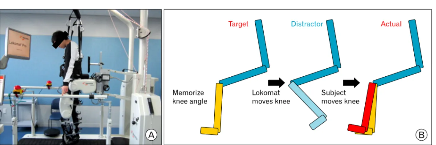 Fig. 2. The method of measured joint position sense. (A) Put on Lokomat (Hocoma AG). (B) Flow diagram for the measured joint position sense