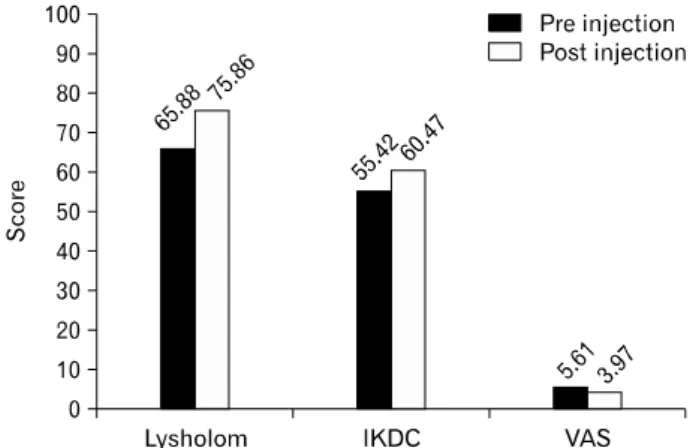 Fig.  2.  Lysholm,  IKDC,  VAS  changes  pre-injection  and  post-injection.  IKDC:  International  Knee  Documentation Committee,  VAS:  visual  analogue  scale.