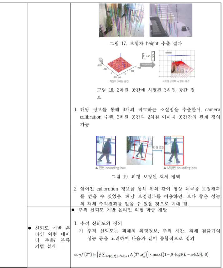 그림 17. 보행자 height 추출 결과 그림 18. 2차원 공간에 사영된 3차원 공간 정 보     1. 해당  정보를  통해  3개의  직교하는  소실점을  추출한뒤,  camera  calibration 수행