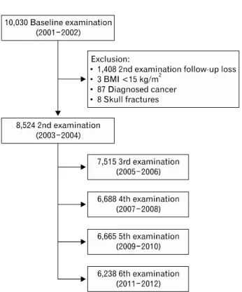 Fig. 1. Flow diagram of the study. BMI: body mass index.요인을 만족할 때 골절의 발병률이 30배 상승한다는 기존의 연구 결과4)가 있다