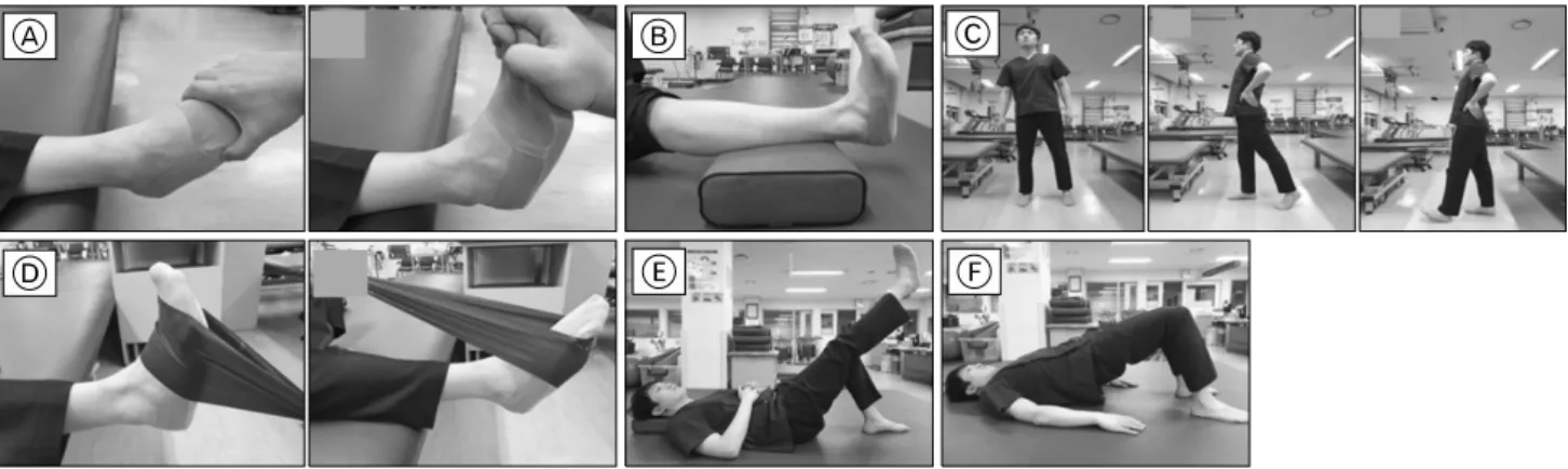 Fig. 2. Middle stage of the rehabilitation program. (A) Stationary bicycle exercise. (B) Active range of motion of ankle in- in-Fig