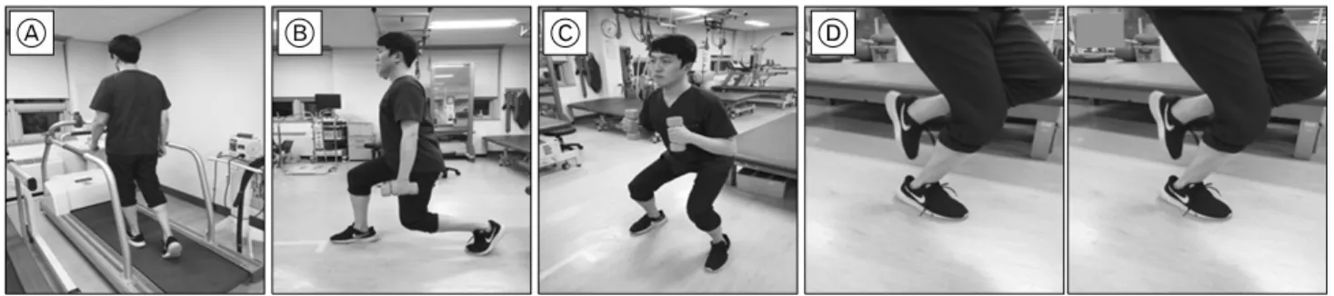 Fig. 3. Late stage of rehabilitation program. (A) Treadmill exercise. (B) Lunge exercise