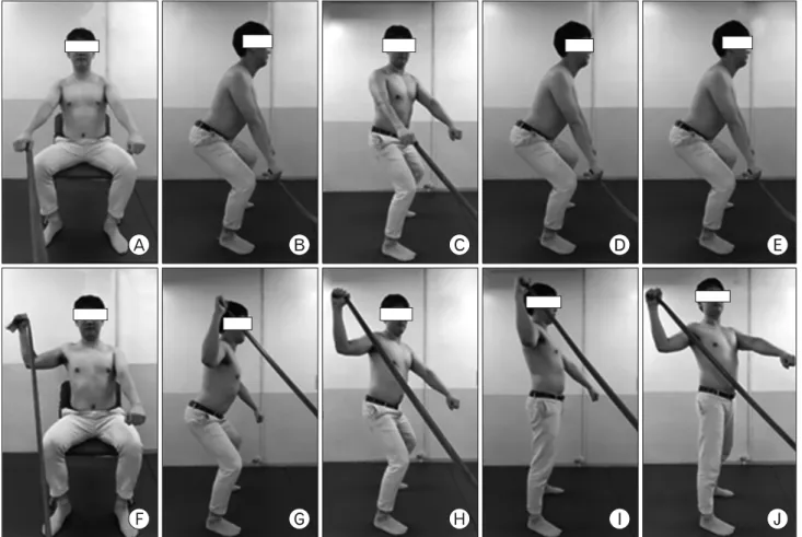 Fig. 2. Shoulder external rotation exercises using an elastic band with 90° of shoulder abduction and ER (90/90 position)  in  static  (A−C,  F−H)  and  dynamic  body  positions  (D,  E,  I,  J)