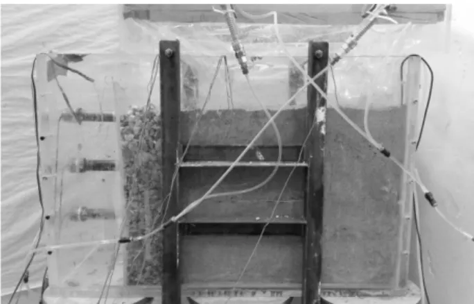 Fig. 4. Picture from final installation of retaining wall test 0 5 10 15 20 25 30 Time (hr)0400800120016002000Discharge of drainage (ml) 0 20406080 Temperature (  C)