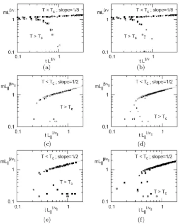 Fig. 2. Ln-ln plots of scaling function mL β ν as a function of scaling variable tL 1ν for the standard Ising lattice gas using (a) the Metropolis and (b) the heat-bath rates