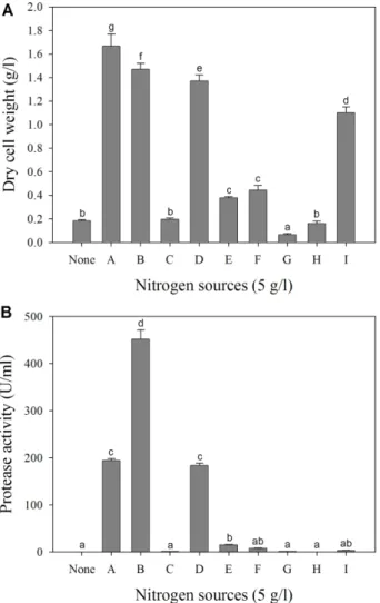 Fig. 4. Effect of nitrogen sources on (A) cell growth and (B) protease production in liquid culture