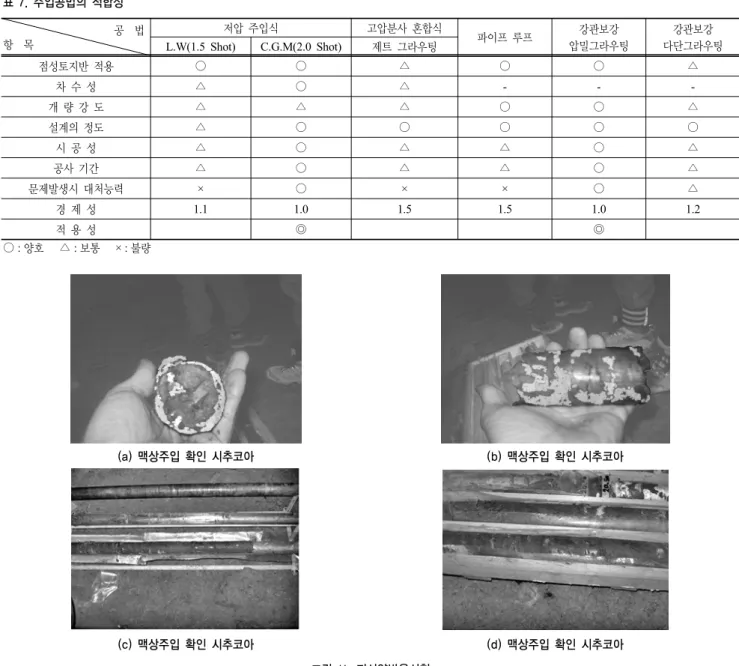 표 7. 주입공법의 적합성 공  법 항  목 저압 주입식 고압분사 혼합식 파이프 루프 강관보강 압밀그라우팅 강관보강 다단그라우팅L.W(1.5 Shot)C.G.M(2.0 Shot) 제트 그라우팅 점성토지반 적용 ○ ○ △ ○ ○ △ 차 수 성 △ ○ △ - -  -개 량 강 도 △ △ △ ○ ○ △ 설계의 정도 △ ○ ○ ○ ○ ○ 시 공 성 △ ○ △ △ ○ △ 공사 기간 △ ○ △ △ ○ △ 문제발생시 대처능력 × ○ × × ○ △ 경 제 성 1.1 1