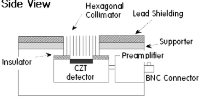 Fig. 1. The structure of CZT detector. The CZT crystal is 5 mm thick with a 10 × 10 mm 2 surface with a  contin-uous gold plated cathode