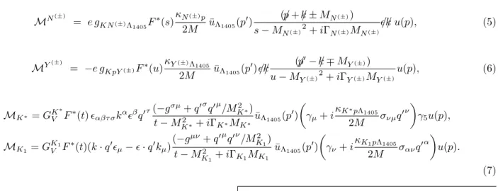Fig. 2. Diagrams for resonance exchanges in the γp → K + Λ(1405) process. d (5)ü < (6)\ " f J o w  ±   /B N"î {9  \ ¦ N (±) ü < Y (±) Ð y y  ³ ðl  %i Ü ¼  9 d (6)\ " f Λ(1405)\ ¦ Y (−)  Ð ³ ðl  %i  