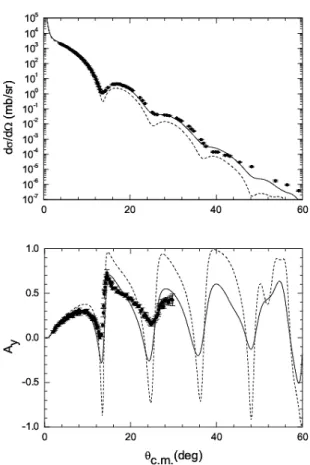 Fig. 7. Elastic observables of p + 12 C scattering at 800MeV. The solid and dashed lines represent the  sults of adjusted RIA and original RIA calculations,  re-spectively