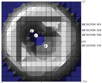 Fig. 6. The detector positions used to determine the atomic ratios(simulated with neutron source produced by 40 MeV electron).