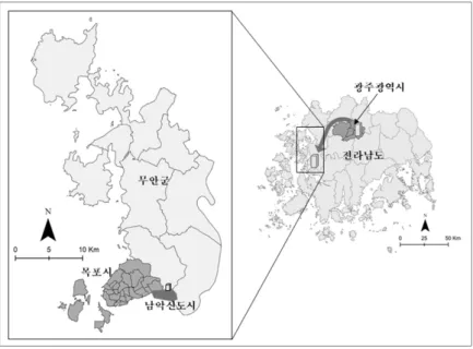 그림 1. 전남도청 및 남악신도시 위치 표 2. 남악신도시 단계별 개발계획 (단위 :  천 m 2 ,  천 명) 개발구획 개발기간 개발면적 목표인구 개발 주체 1단계 남악지구(무안군) 2003~2011 3,633 33 전남개발공사옥암지구 (목포시) 2003~2011 2,607 26 목포시 오룡지구 (무안군) 2007~2024 2,805 24 전남개발공사 2단계 임성지구 (목포시,  무안군) 2022~2025 2,900 40 목포시,  한국토지주택공사 3단