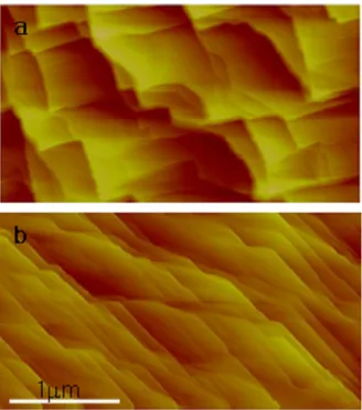 Fig. 5. (a) Schematics of [001] view of low indexed cubic crystal planes (b) microstructure of (001) GaAs surface tilted toward [010], and (c) step bunched surface  struc-ture due to lateral growth anisotropy between (111)A and (111)B step