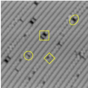 Fig. 4. An STM image showing 1-DV (circle), 2-DV (el- (el-lipse), (1+2)-DV (square), and type C defect (diamond).