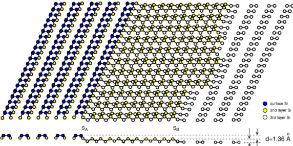 Fig. 7. Schematic monatomic step structures on Si(001). Notice that the S B step tends to meander more than the S A step