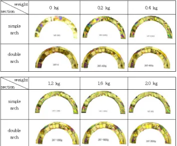 Fig. 7. Photoelastic fringes of a double arched structure, while the forces are applied upward.