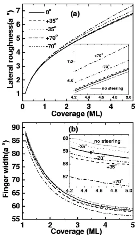Fig. 3. Snap shots after depositing 5 ML of CU on Cu(1,1,17) at 240 K. (a) No steering effect is taken into account