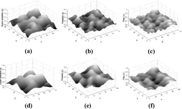 Fig. 1. Spatial densities of each species when (a) super predator at t = 200, (b) predator at t = 200, (c) prey at t = 200, (d) super predator at t = 500, (e) predator at t = 500, (f) prey at t = 500.